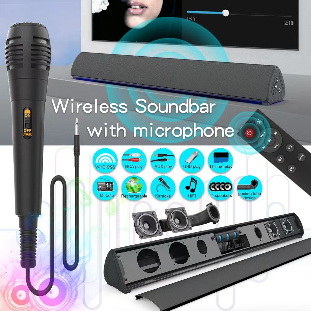 【Ready stock】Home Theater Speaker Sound Bar Bluetooth 5.0 Speaker Family KTV With wireless Mic Karaoke