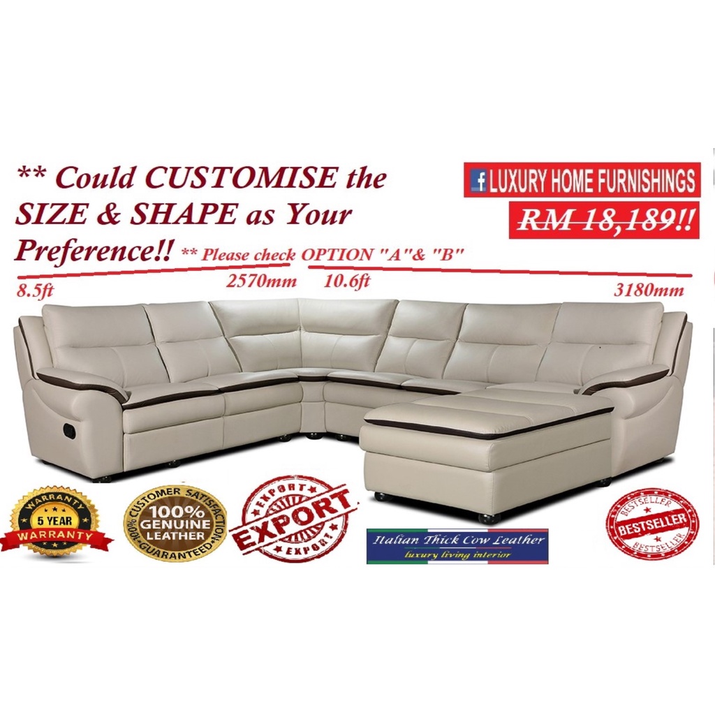 Cambridge 120, 8.5ft x10.6ft, 1R +1+ CR +2 Seater+ L, GENUINE Italian THICK COW LEATHER, H/L, SOFA SET, Could CUSTOMIZE