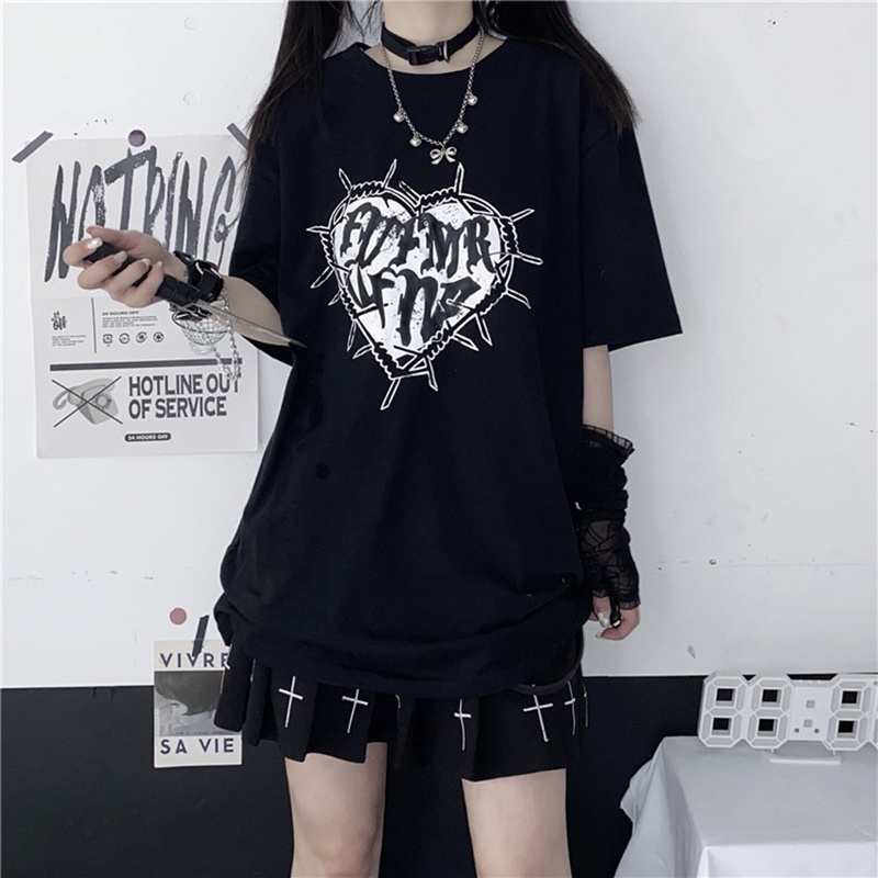 Y2k Fashion Goth Vintage Print T Shirt Women Harajuku Streetwear Dark Gothic Emo Alt Short Sleeve O Neck Loose Black Tee Tops Shopee Malaysia