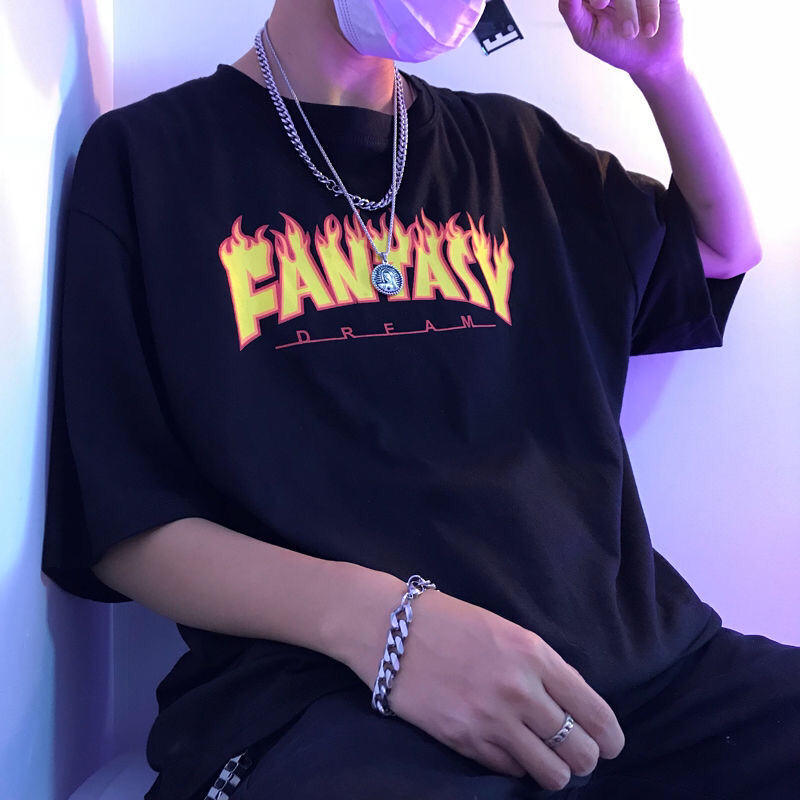 T-shirt Male Harajuku Style Korean Printed Letters Loose Five-point Sleeves Versatile T-shirt Student Couple Tops Tide