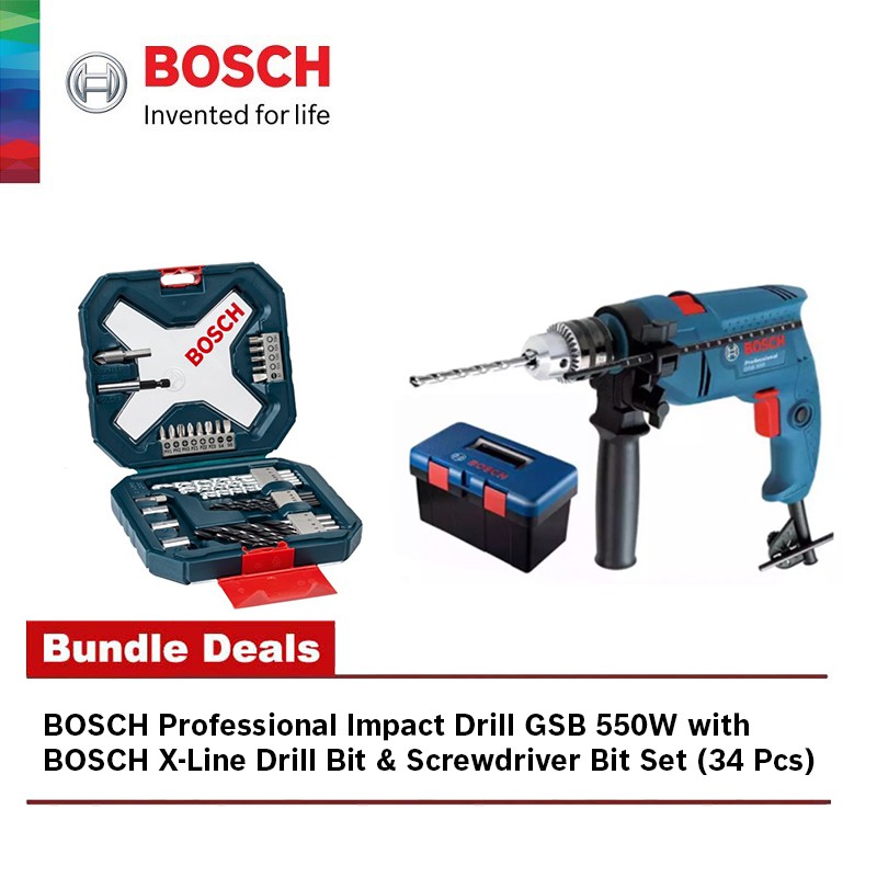 BOSCH GSB 550 Freedom Kit Professional Impact Drill 06011A15L1 + 34pcs XLine Drill