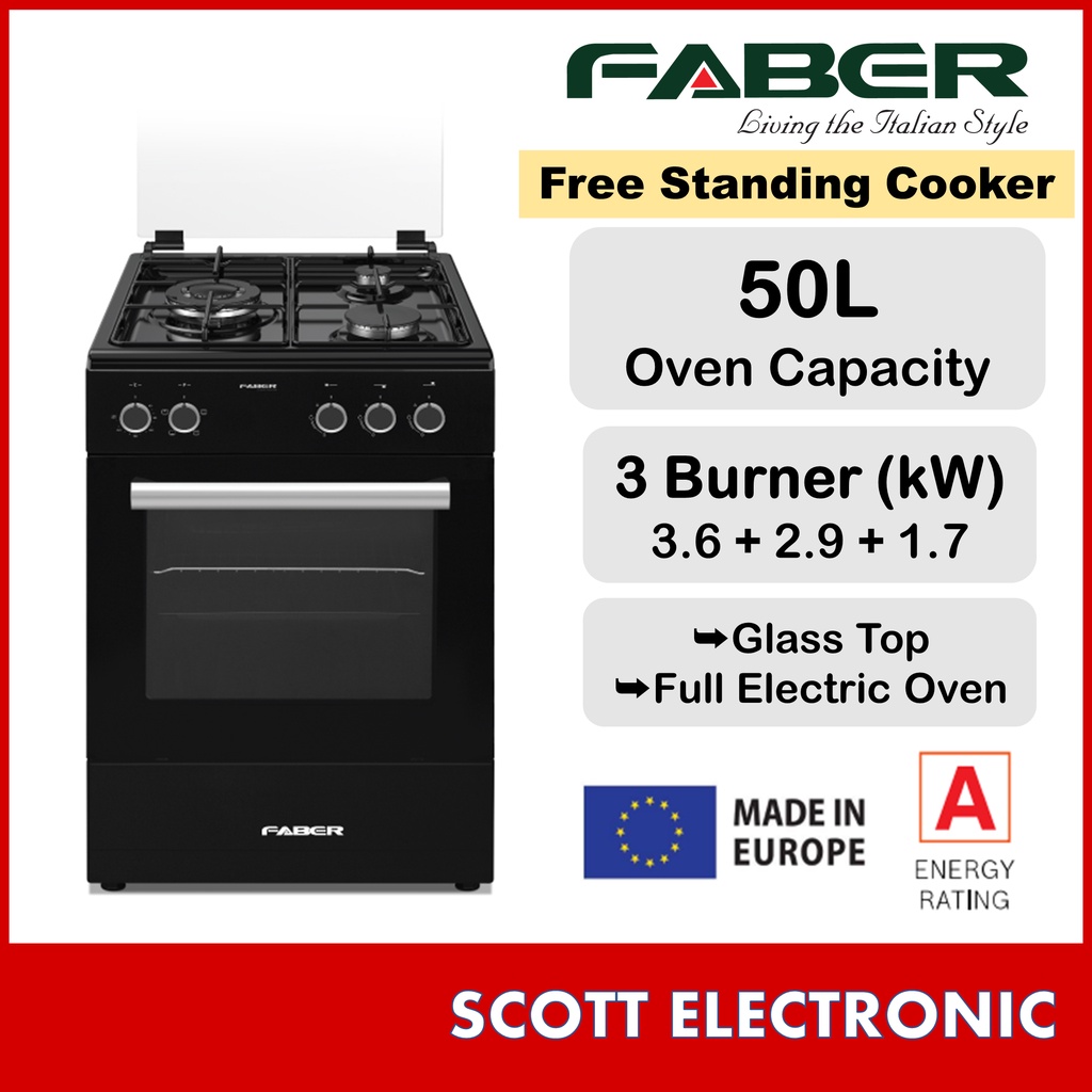 Faber Free Standing Cooking  50L Oven Capacity & 3 Burner x Glass Top Gas Stove Dapur Gas Berdiri  Fisso 5583E/BK