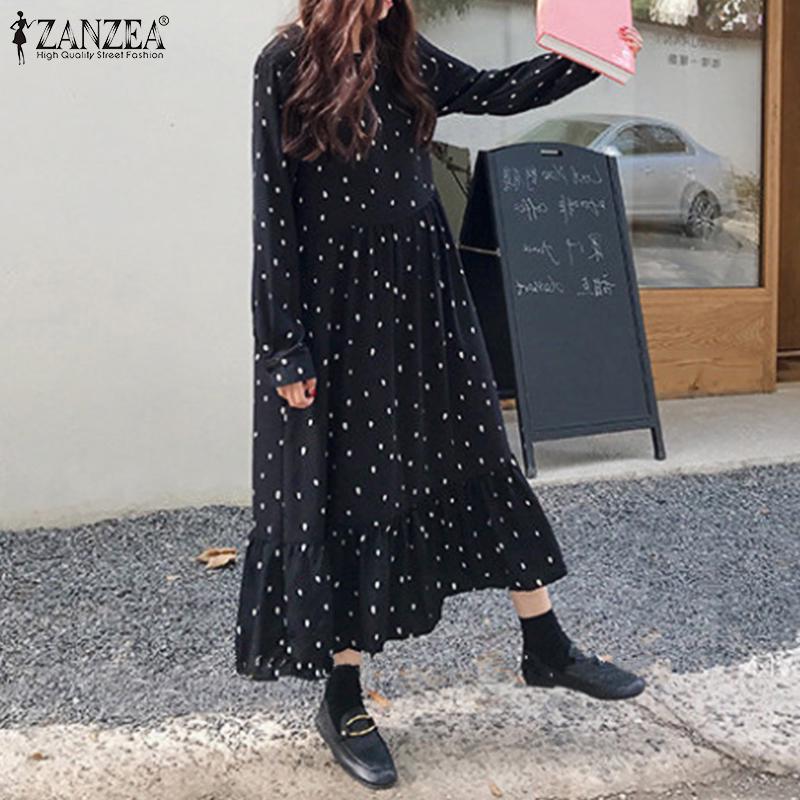ZANZEA Women Long Sleeve Polka Dot Casual Loose Maxi Dresses | Shopee ...