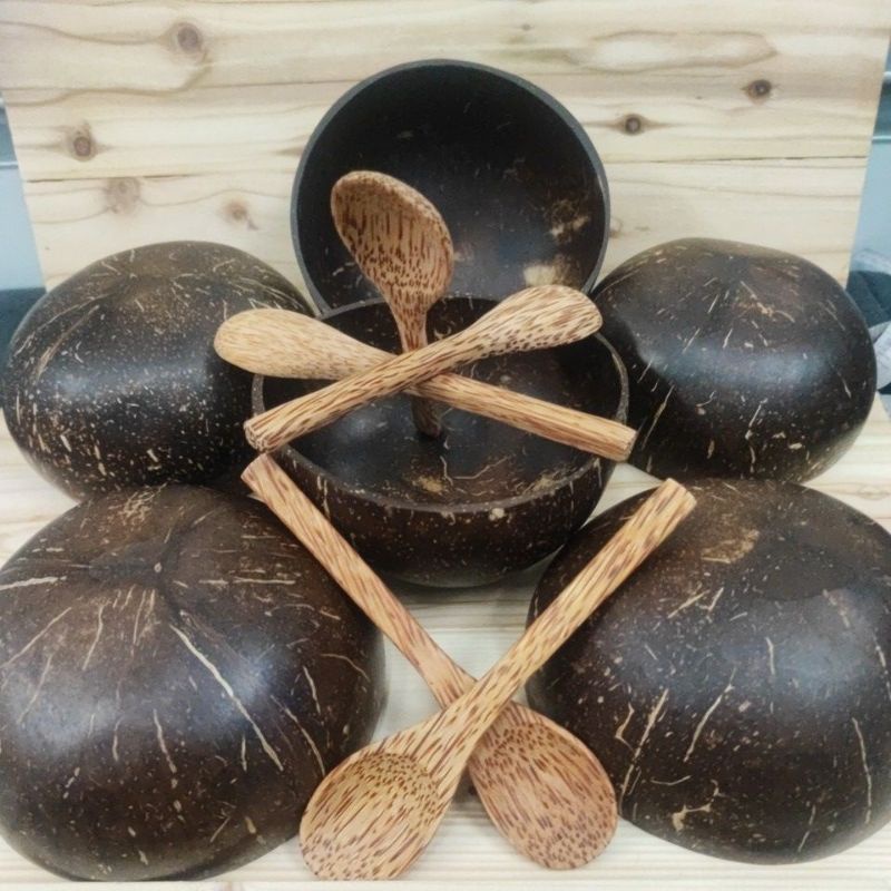 NATURAL COCONUT SHELL BOWL OR SPOON / MANGKUK TEMPURUNG KELAPA ATAU SUDU KAYU HANDMADE KITCHENWARE