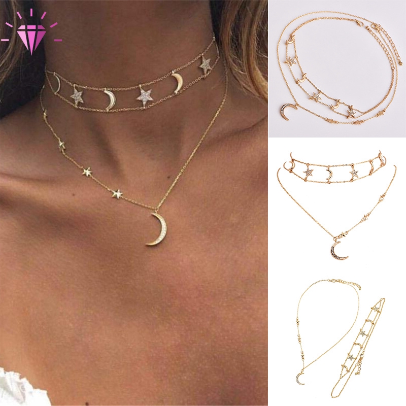 Boho Multilayer Choker Pendant Necklace Crystal Star Moon Chain Women Jewelry