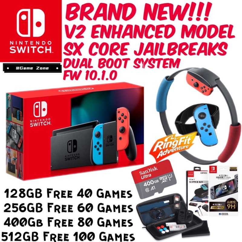 Nintendo Switch Jailbreak V2 Enhanced Neon Free Full Games 128GB/256GB