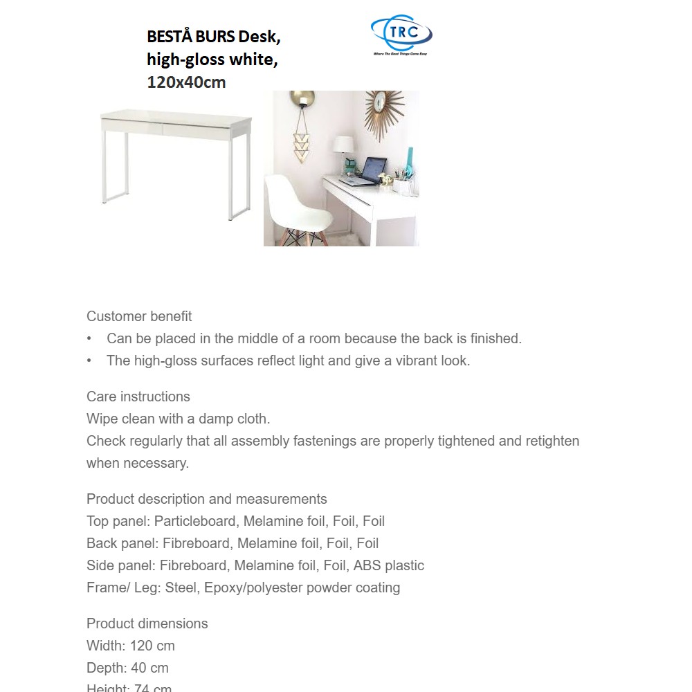 Ready Stock Ikea Besta Burs Desk High Gloss White 120x40cm