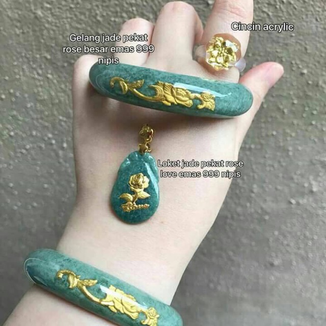  Gelang  Jade Bunga  Rose  Besar Loket Jade Rose  Love Emas  