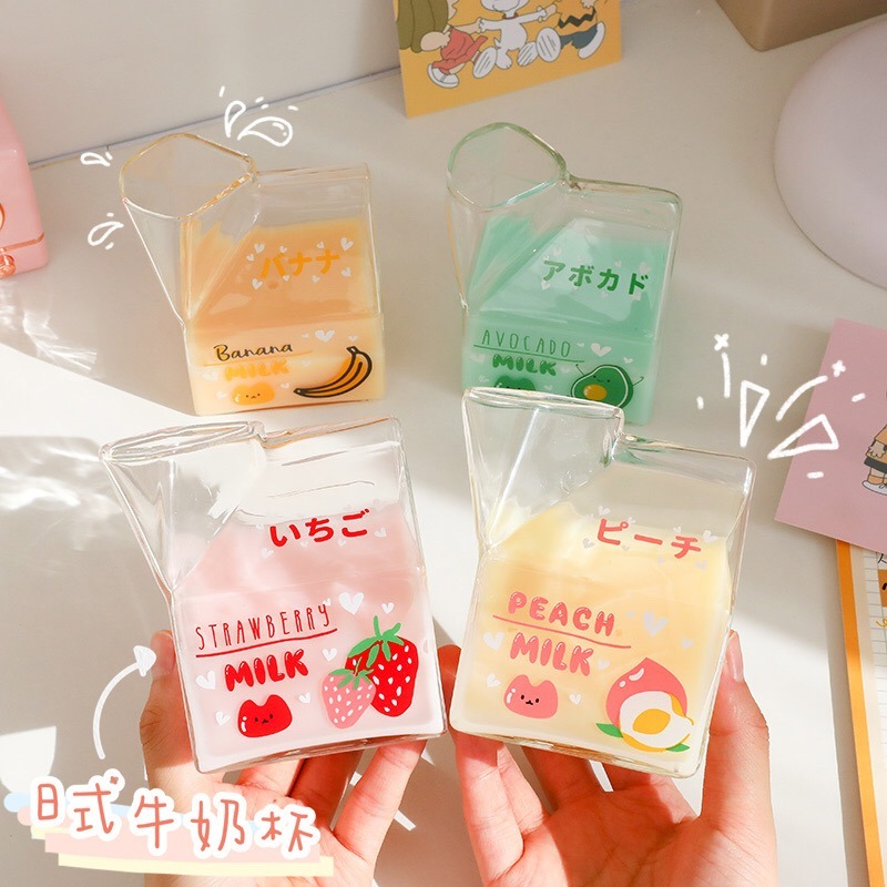 380ml Kawaii Square Milk Carton Glass Cup Cute Strawberry Creative Breakfast Cup For Home Portable Student Transparent Milk Cups Shopee Malaysia