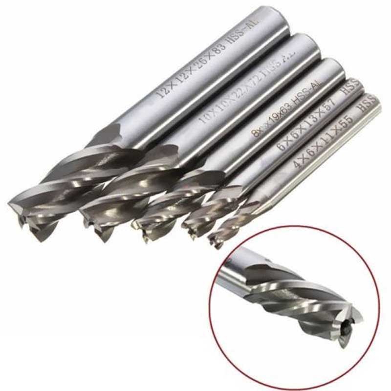 BiuZi 5pcs Tungsten Steel Milling Cutter,High Speed Steel HSS 4 Flute Straight Shank Square Nose End Mill Cutter,1.90.23in 