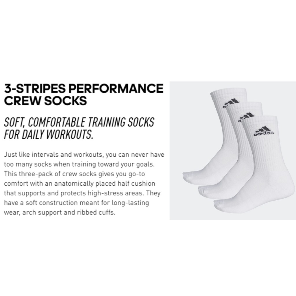 Adidas Sport Socks Women Performance Crew Socks with Support Footwear - White (3 Pairs) AA2297 | Shopee