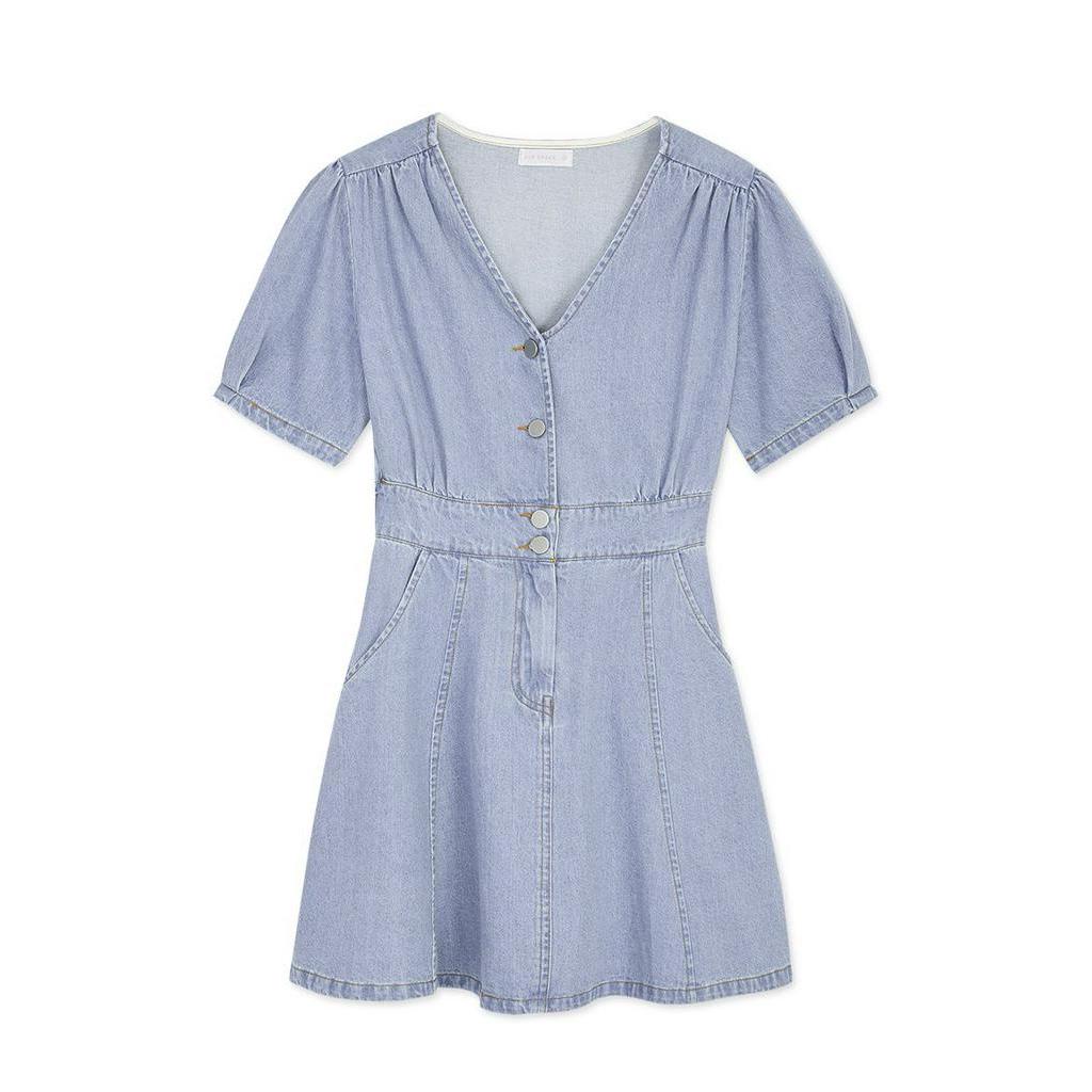 AIR SPACE V-Neck Button-Down 1/2 Sleeves Denim Mini Dress