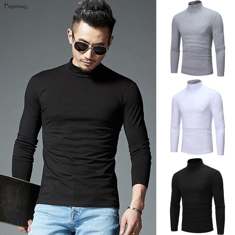 Men's Mock Neck Basic Tees T-Shirt Long Sleeve Plain Pullover Slim Fit Winter B