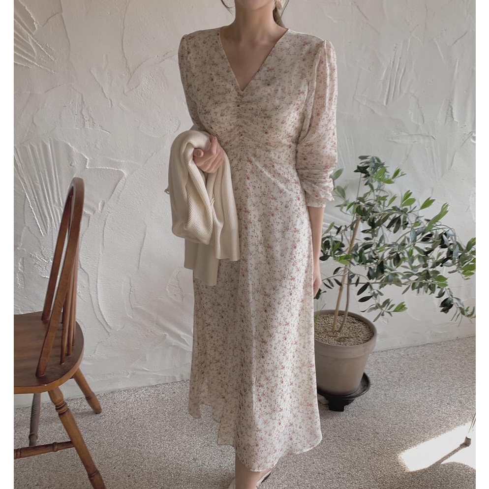 Korean chic early autumn gentle chiffon floral dress for women