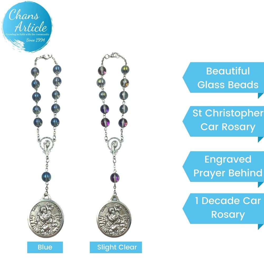 St Christopher Rosary Car 24085 Rantai Rosari Katholik Glass Prayer Beads with Engraved Prayer For Christian Gift