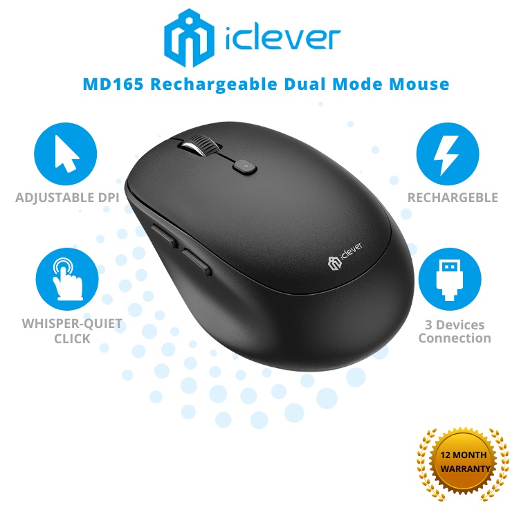 iClever MD165 Dual Mode Wireless Mouse, Bluetooth Type-C Rechargeable, 2.4G Wireless, 3 Device Connection, IOS & Andriod