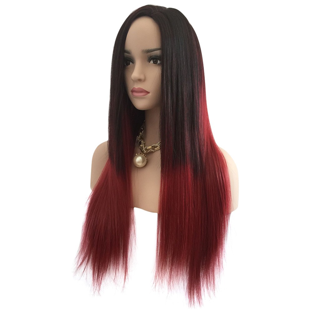 Long Straight Ombre Gradient Matte Black Red Synthetic Partial False Hair Full Wigs For Women