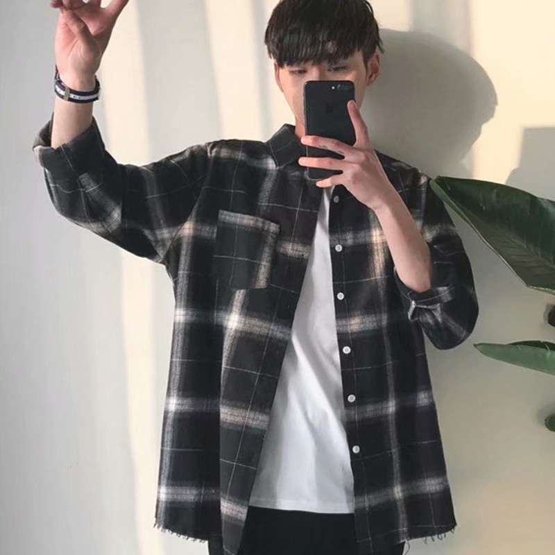 Plaid long-sleeved shirt male tide brand ins Hong Kong style loose spring casual shirt Korean trend lazy wind