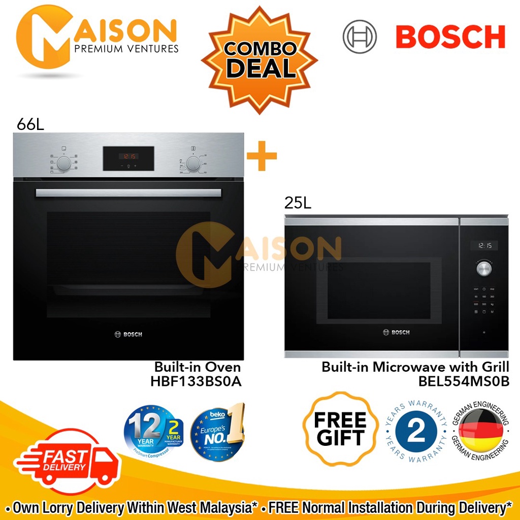 Bosch Series 2 Built in Oven 66Litres HBF133BS0A + Bosch Series 6 Built in Microwave Oven with Grill 25L