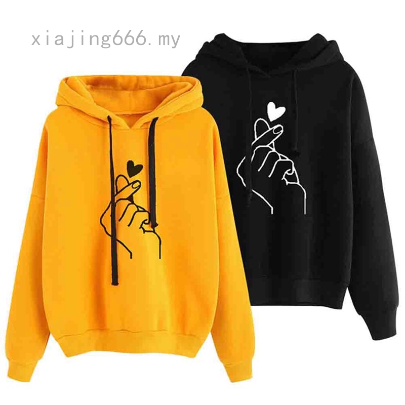 Women BTS Hooded Hoodie Sweaters Print Finger Heart Solid