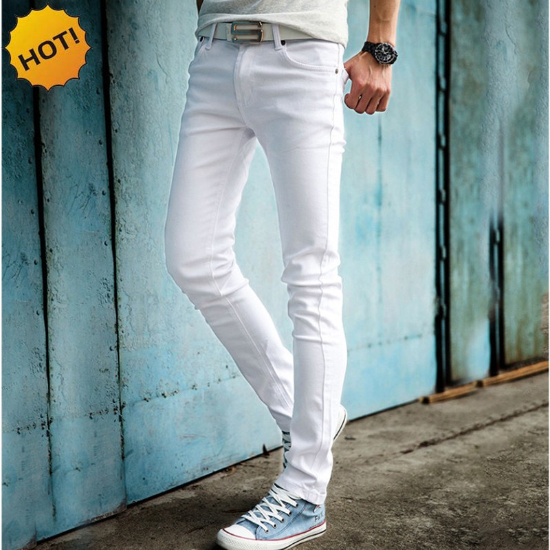 White Skinny Jeans Men Hip Hop Pencil Pants Teenagers Boys Casual Slim Fit Cuffed Bottoms White Shopee Malaysia