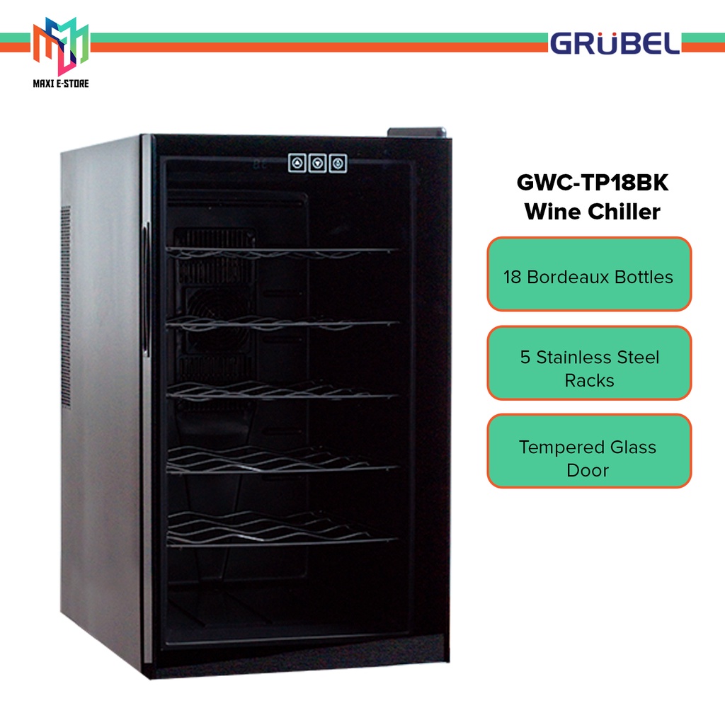 Grubel GWCTP18BK Wine Chiller 18 Bordeaux Bottles with Tempered Glass