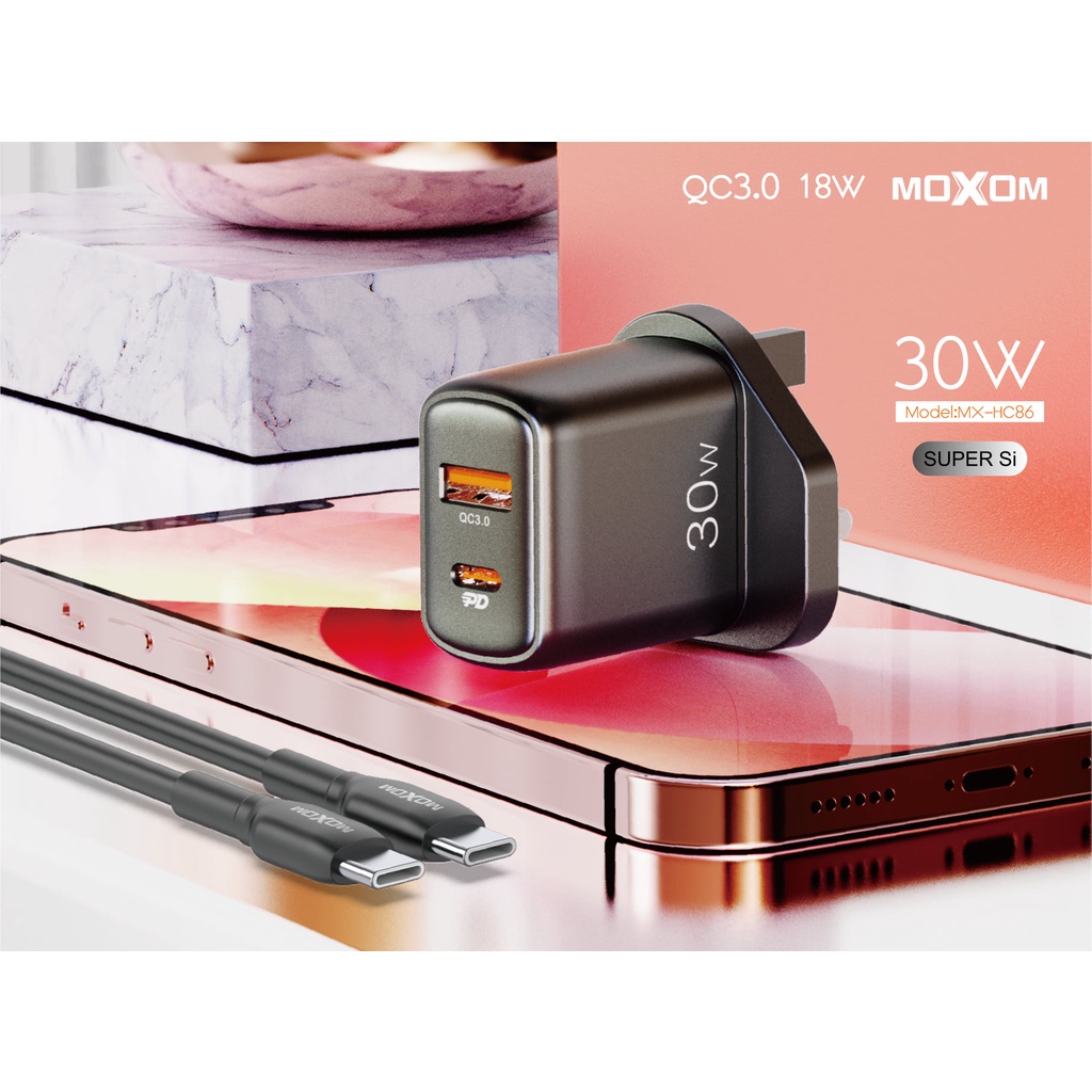 moxom original 30W PD Fast Charging+ 18W fast charge charger 3 pin uk