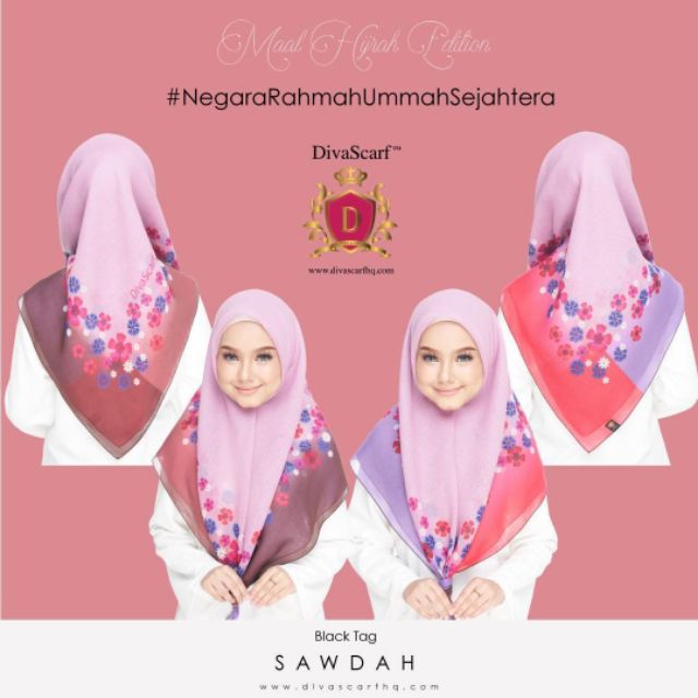 Black Tag Bawal Sawdah Tudung Bawal Printed Corak Bunga Soft Purple DivaScarf Ready Stock