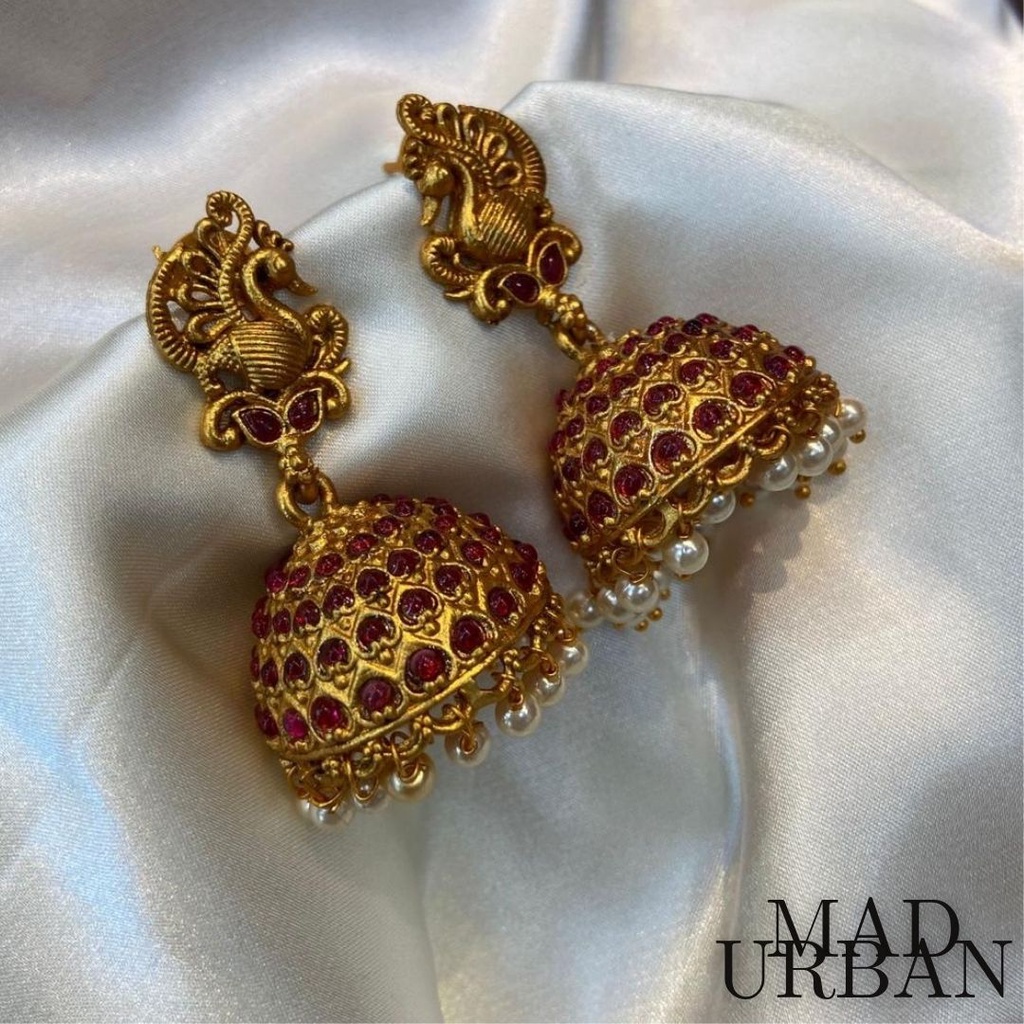 [RAYA SALE] Matte Gold Finish Peacock Jumka Earring with Pink Stones ...