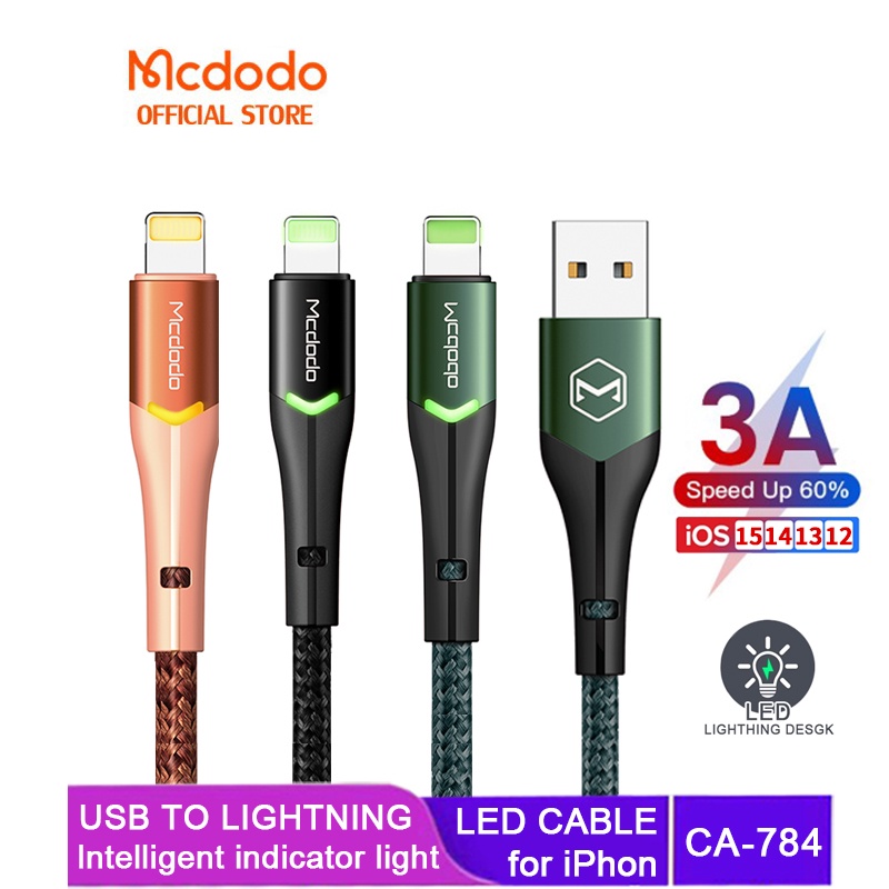 Mcdodo Fast Charger Cable LED USB TO LIGHTNING CABLE With Switching for iPhon 13 12 11pro max xs xr 8 7 6 pius CA-784