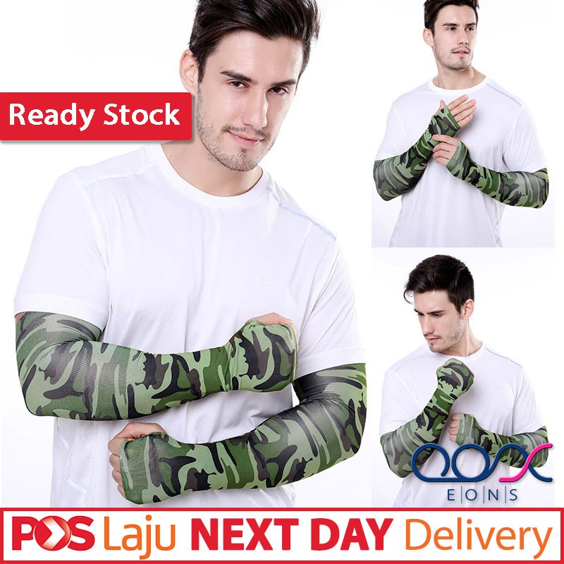 UNISEX UV Proctection Arm Sleeve Camouflage Military Ice Silk Thumb Hole Design Elbow Cover Motorcycle Sarung Lengan