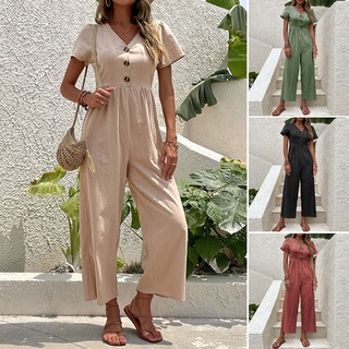 ❤New Women Sleeveless V Neck Solid Color Lace Up Casual Summer Cropped Jumpsuits 