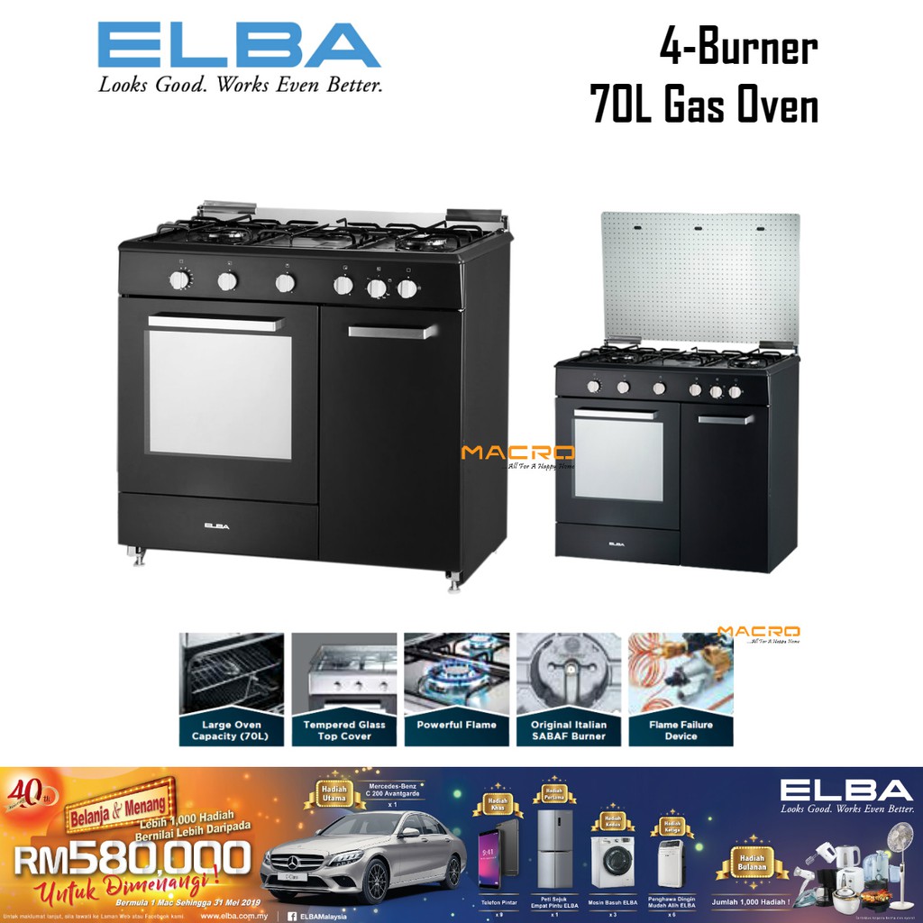 ELBA EGCC9704G(BK) Freestanding 4Burner Gas Cooker with 70L Gas Oven