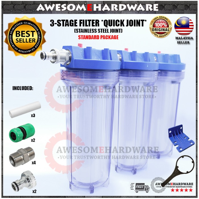 (QUICK COUPLING) AWESOME 3-STAGE WATER FILTER PURIFIER SYSTEM WITH PP OR CARBON THREE STAGE