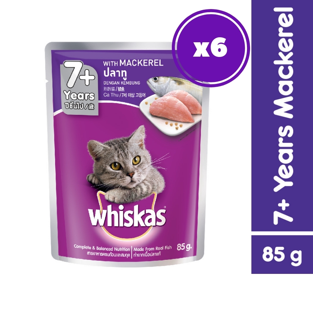 WHISKAS Pouch Cat Food Adult 7+ Mackerel (85gm x 6) Cat Wet Food