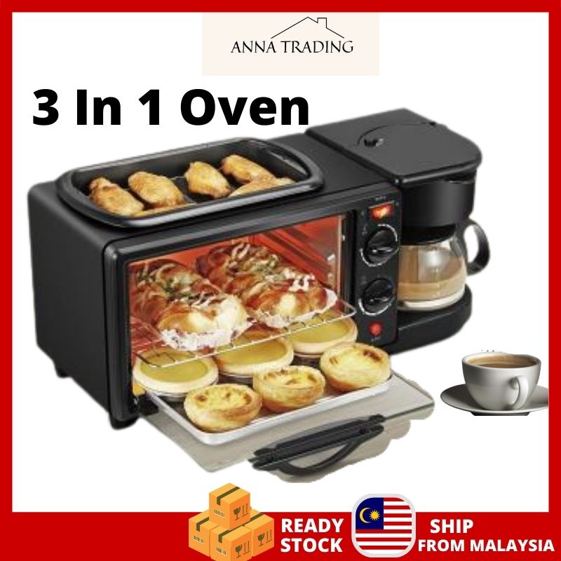 🔥Ready stock🔥 3 IN 1 Multi Function Electric Toaster Oven With Flying Pan & Coffee Maker Machine Household Bread Pizza .