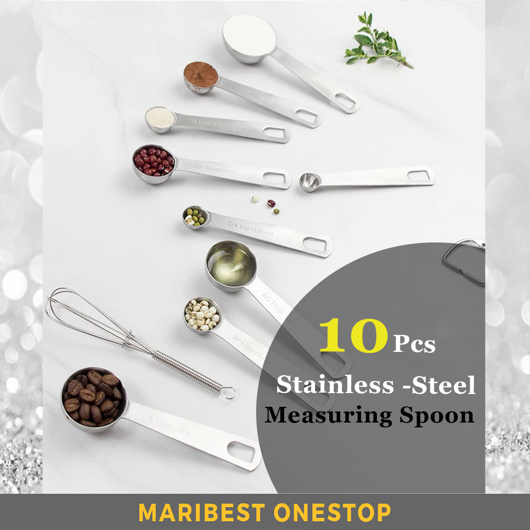 10 PCS STAINLESS STEEL MEASURING SPOON VARIOUS SIZES HOLD WITH RING SAFE TO USE DURABLE SAVE SPACE EASY STORAGE