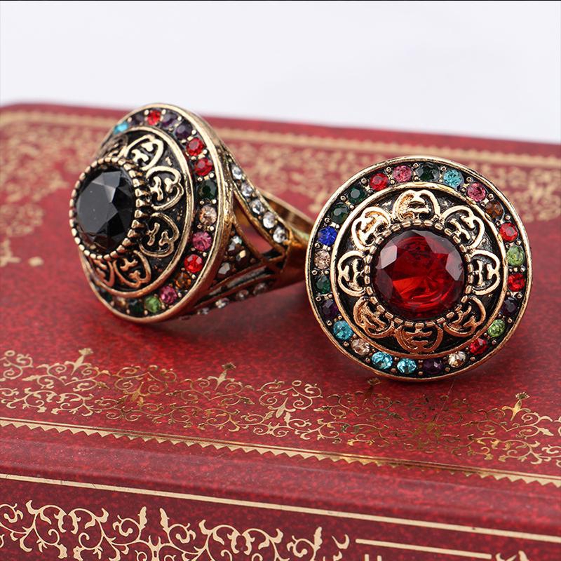 Royal Style Colorful Crystal Turkish Wide Ring Turkey Flower Round Resin Party Jewelry Vintage Women Lady Finger Ring