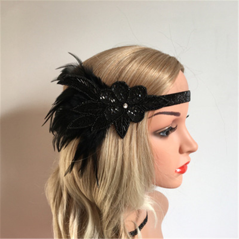 Hair Accessories Black Rhinestone Beaded Sequin Hair Band 1920s Vintage Gatsby Party Headpiece Women Flapper Feather Hea