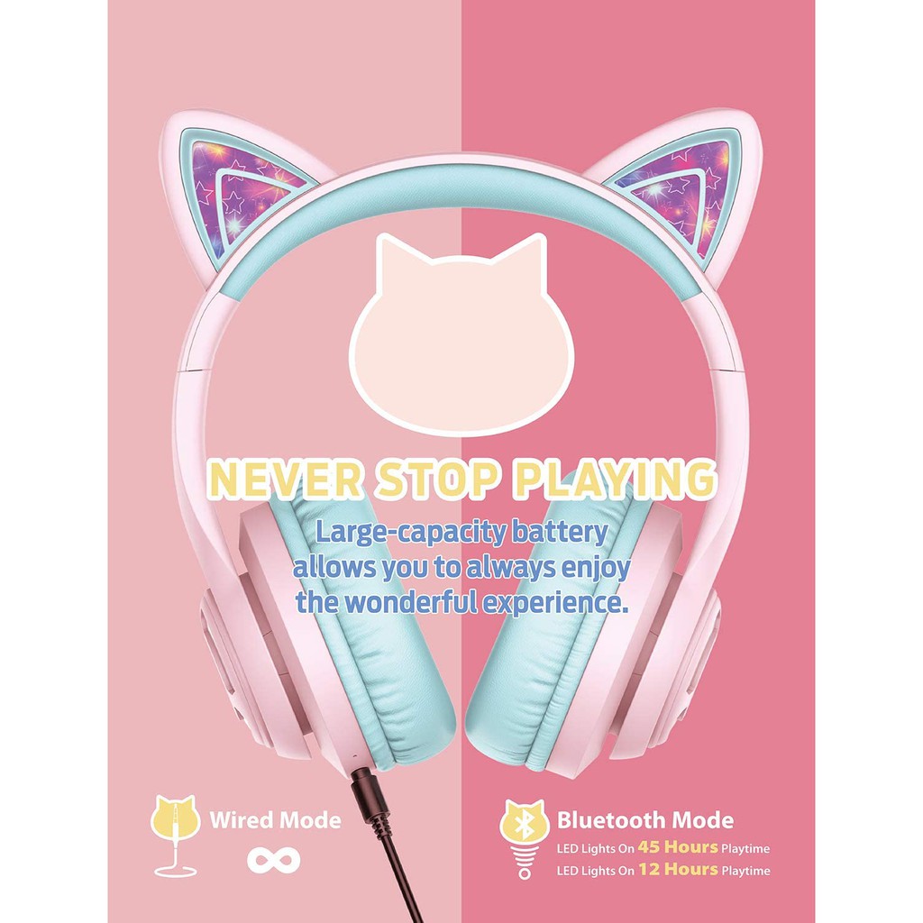 iClever BTH13 Cat Ear Bluetooth Headphones RGB LED Light Up