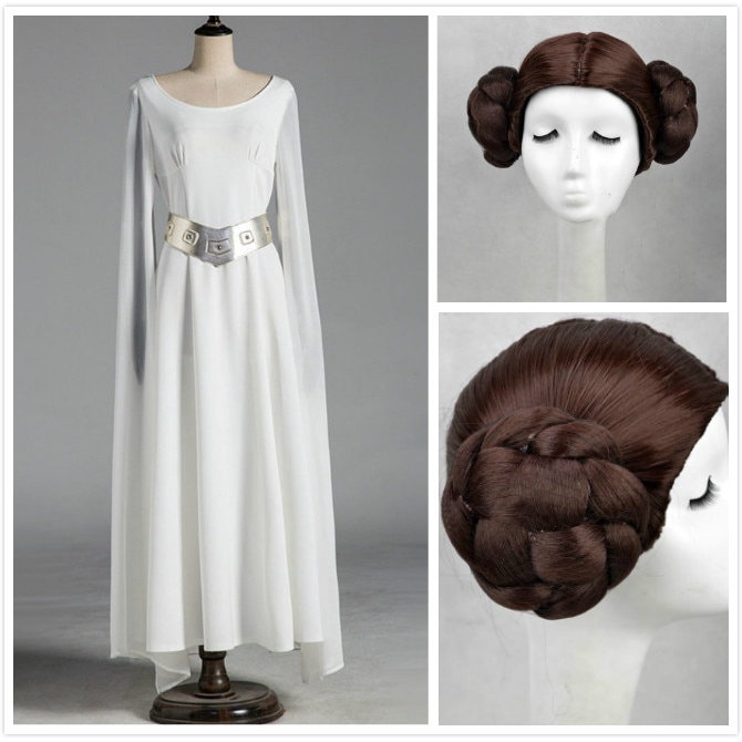 Princess Leia Organa Solo Cosplay White Long Dress Wig Set Woman