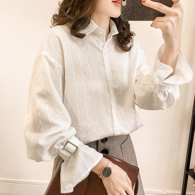 Stripe Shirt Plus  Size  White Fashion Women Blouse  Long 