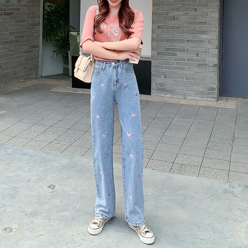 ?Ready stock?Women's Blue Embroidery Wide Leg Jeans Woman Loose Casual Denim Pants High Waist Straight Jeans