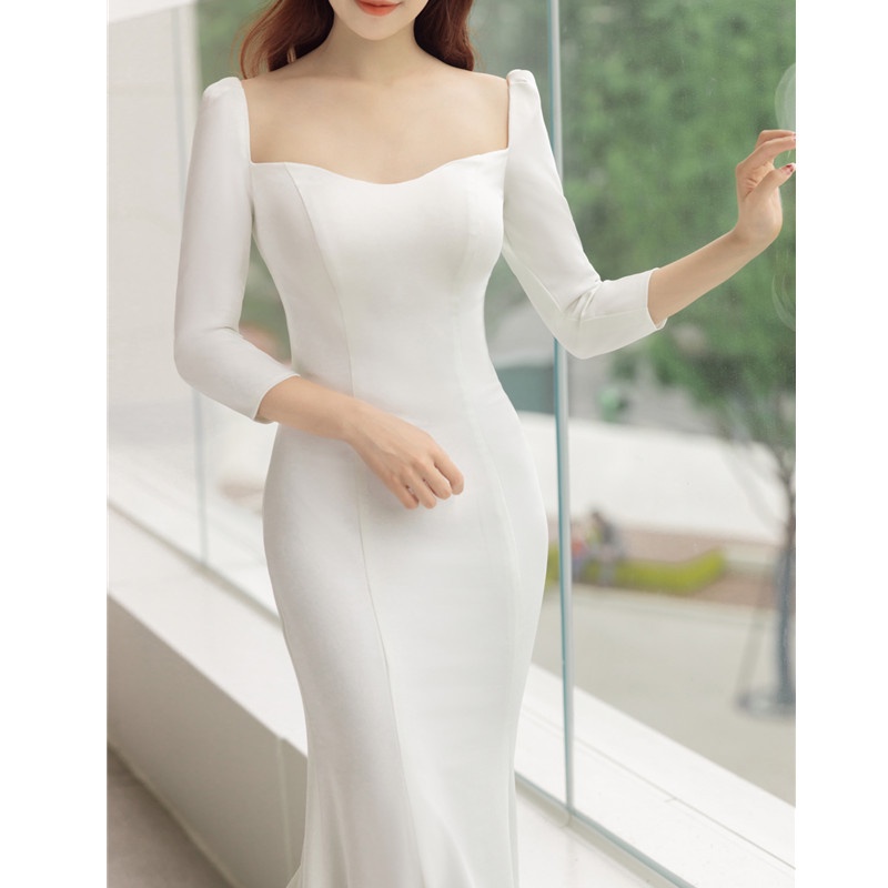 Light Wedding Dress 2022 New Style Bridal Long-Sleeved Super Fairy French Simple Travel Shoot Slimmer Look Korean Trailing Tail Outing Veil Qs1601