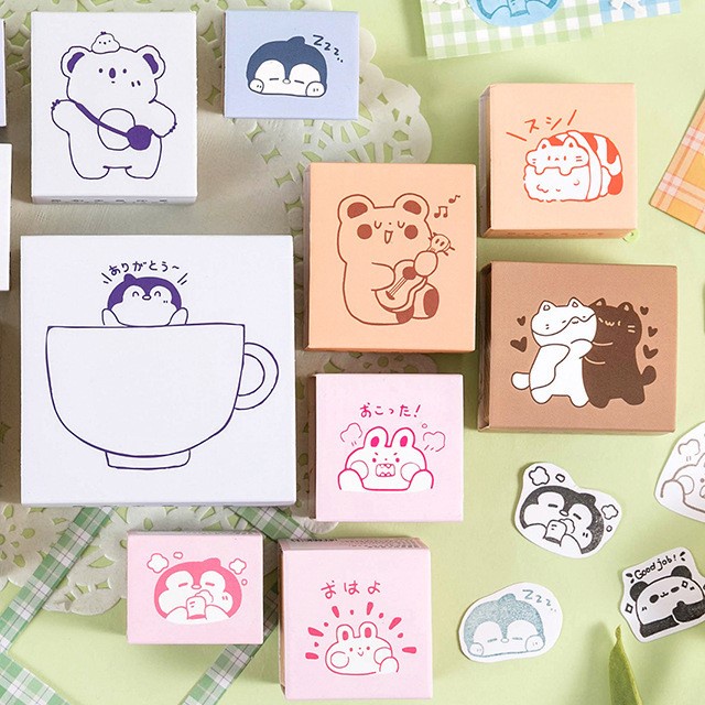 YUME INS Wooden Rubber Stamp Cute Panda Penguin Koala Happy Music Movie Coffee Drinks Cup Mug Hug Planner Bullet Journal