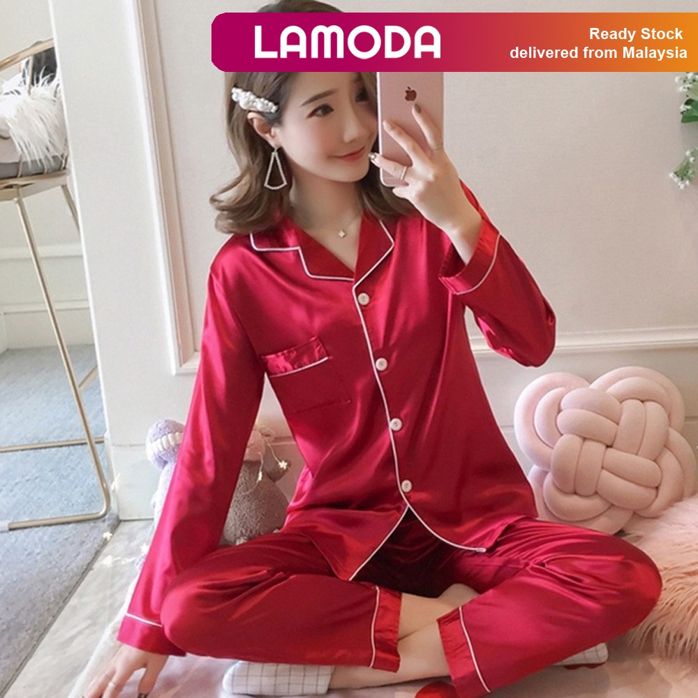 Lamoda - PANDORA Silk Satin Pajamas Set Unisex Long Sleeve Women Sleepwear Nightwear Baju Tidur wanita perempuan Licin