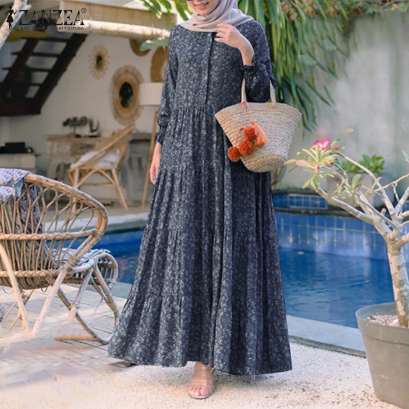 ZANZEA Women Casual Long Sleeve Printed Tiered Muslim Long Dress #6