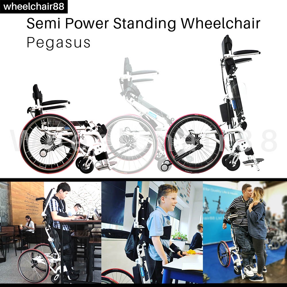 Semi Powered Standing Wheelchair - 1 Finger Control Button, Full Safety Harness, 100KG Capacity, Multiple Adjustments