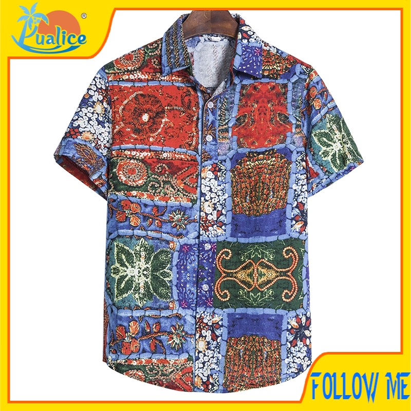 Men Shirt Kain Batik Casual Shirts Hawaii Kemeja Lelaki Floral 