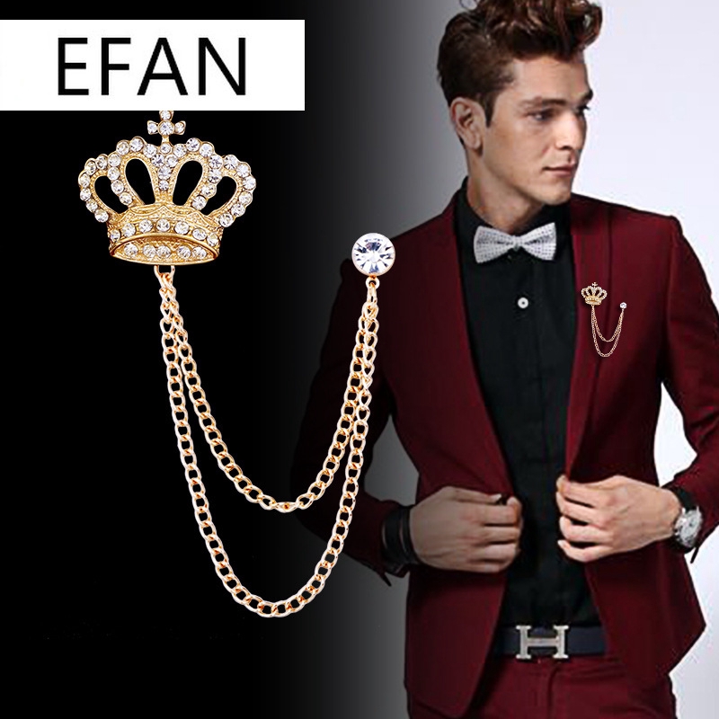 Gold Silver Men Wedding Party Royal Crown Brooch Men's Classic Tassel Chain Full Rhinestone Corsage Suit Accessories